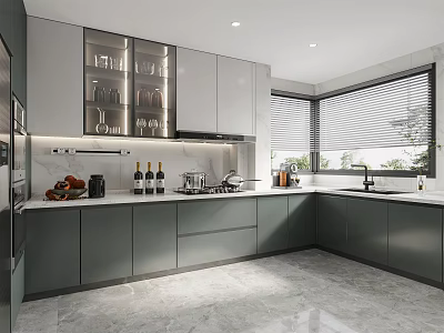 Modern Kitchen Interior With Gray And White Cabinets Window Blinds Countertop Wine Bottles And Fruits 3d model