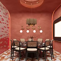 Private Dining Box Interior Design With Round Table Chandelier Decorative Chairs And Patterned Carpet 3d model
