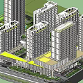 Modern Commercial Complex Featuring Glass Curtain Wall High Rise Greenery Pedestrians And Vehicles