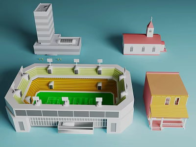 Different Types of Buildings Including High Rise Church Stadium and Yellow House 3d model