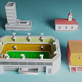 Different Types of Buildings Including High Rise Church Stadium and Yellow House