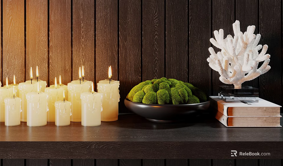 Elegant Decorative Ornament Set With Lit Candles Moss Balls And Coral On Wooden Shelf 3d model 