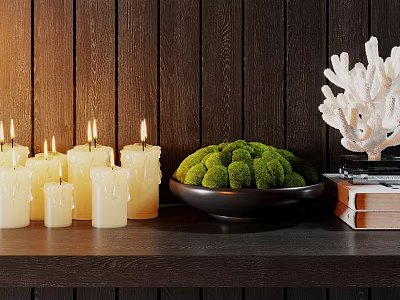 Elegant Decorative Ornament Set With Lit Candles Moss Balls And Coral On Wooden Shelf 3d model