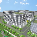 Modern Office Building Complex With Central Green Landscaping And Tall Skyscrapers