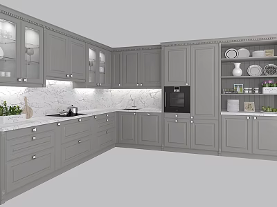 Modern Gray Kitchen Cabinets With Glass Doors Marble Countertop And Built-in Oven 3d model