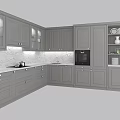 Modern Gray Kitchen Cabinets With Glass Doors Marble Countertop And Built-in Oven