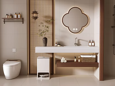 Elegant Modern Bathroom Cabinet Interior With Clover Shaped Backlit Mirror Marble Countertop And Towels 3d model