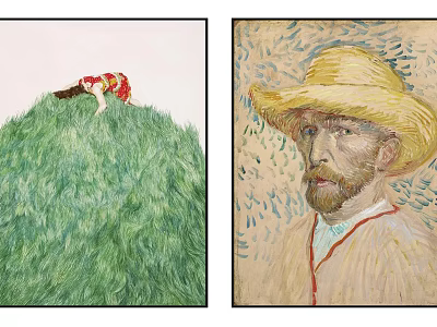 Two Artworks Featuring Green Grass Scene And Van Gogh Self Portrait With Straw Hat 3d model