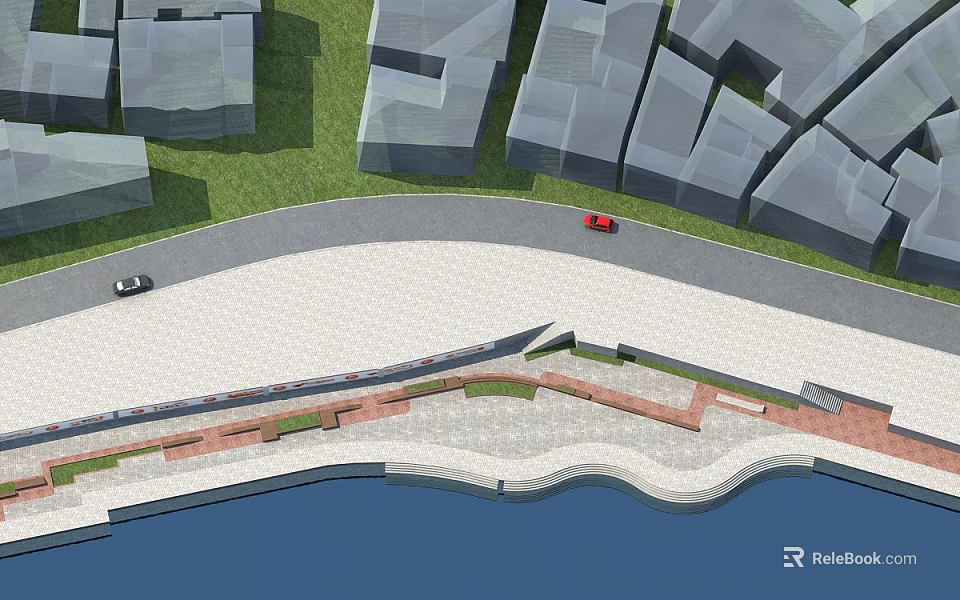 Aerial View Park Landscape With Curved Path Green Lawn And Waterfront Area Near Buildings 3d model 