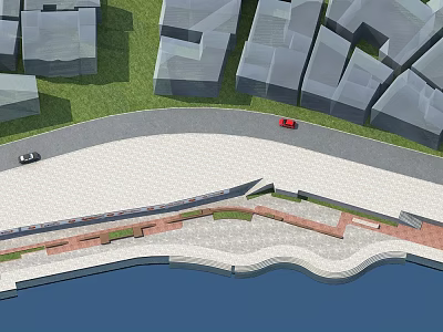 Aerial View Park Landscape With Curved Path Green Lawn And Waterfront Area Near Buildings 3d model
