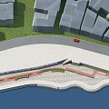 Aerial View Park Landscape With Curved Path Green Lawn And Waterfront Area Near Buildings