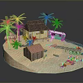 Tropical Scenic View With Sandy Beach Thatched Hut Palm Trees Green Bus And Wooden Bridge