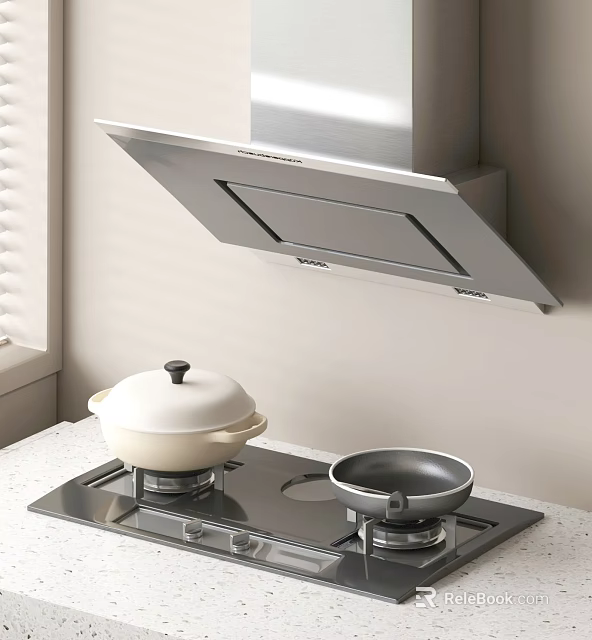 Modern Kitchen Cooking Utensils With Stainless Steel Range Hood Gas Stove And Pots 3d model 