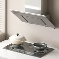 Modern Kitchen Cooking Utensils With Stainless Steel Range Hood Gas Stove And Pots