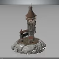 Multi Level Castle Tower Architecture with Red Spire Roof and Stone Base Structure Design 3d model