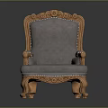 Classic Carved Wooden Frame Armchair With Gray Upholstery And Decorative Legs