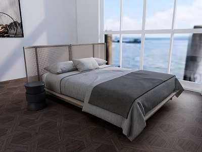 Modern Double Bed with Wooden Woven Headboard Gray Bedding and Sea View Window 3d model