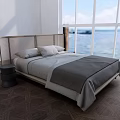 Modern Double Bed with Wooden Woven Headboard Gray Bedding and Sea View Window