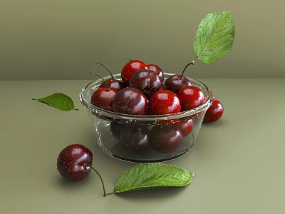 Ceramic Bowl Filled With Fresh Red Cherries And Green Leaves On A Neutral Surface 3d model