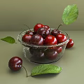 Ceramic Bowl Filled With Fresh Red Cherries And Green Leaves On A Neutral Surface