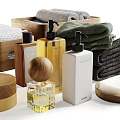 Assorted Bath Essentials Collection With Stacked Towels Wooden Storage Boxes Toiletry Bottles And Soap