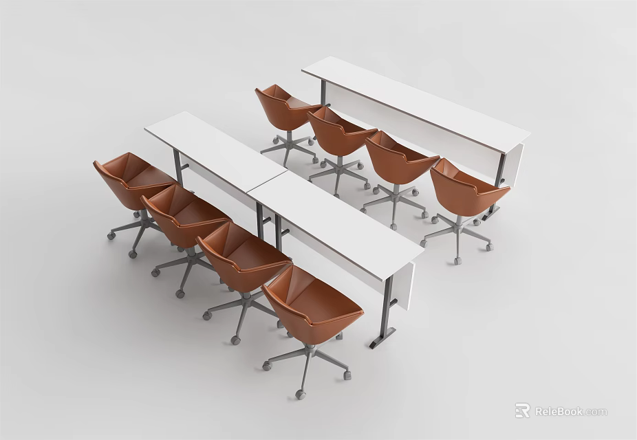 Modern Conference Tables With White Tabletop Metal Legs And Brown Rolling Chairs Meeting Room 3d model 