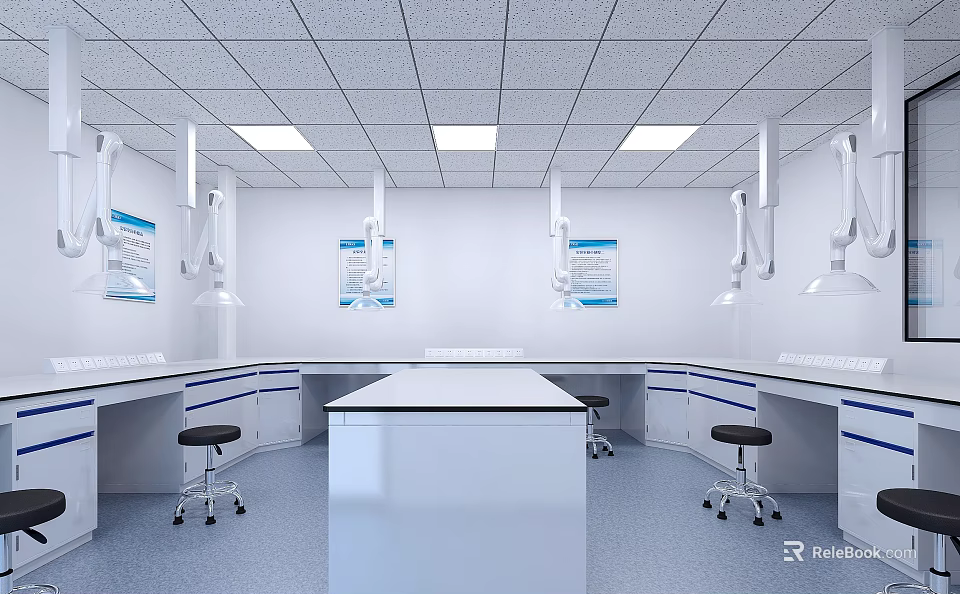 Modern Laboratory Interior Design With Workbench Chairs Overhead Lighting White Walls And Cabinets 3d model 