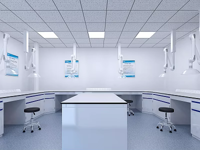 Modern Laboratory Interior Design With Workbench Chairs Overhead Lighting White Walls And Cabinets 3d model