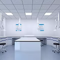 Modern Laboratory Interior Design With Workbench Chairs Overhead Lighting White Walls And Cabinets 3d model
