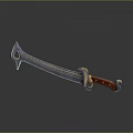 Ornate Curved Sword With Decorative Blade Red Handle And Metal Accents Ancient Design