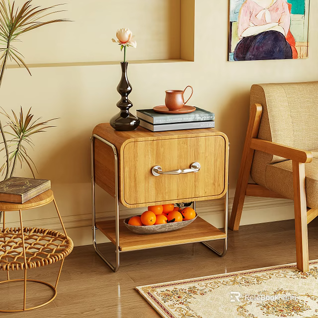 Modern Wooden Bedside Table Interior With Metal Frame Drawer Silver Handle and Tray of Oranges 3d model 