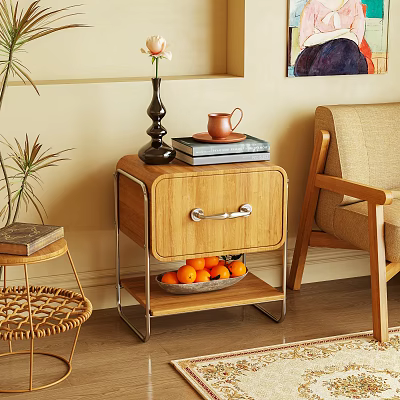 Modern Wooden Bedside Table Interior With Metal Frame Drawer Silver Handle and Tray of Oranges 3d model