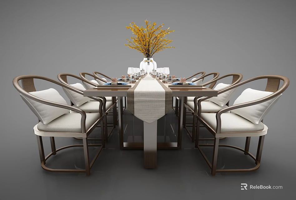 Wooden Dining Table Set with Curved Back Chairs White Cushions and Vase Yellow Decorative Branches 3d model 