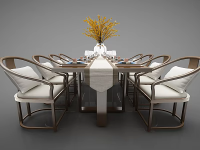 Wooden Dining Table Set with Curved Back Chairs White Cushions and Vase Yellow Decorative Branches 3d model