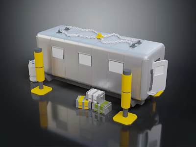 Large Silver Metal Equipment With Yellow Support Columns And Small Green White Cuboid Objects 3d model