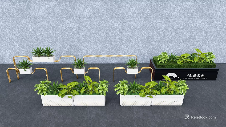 Modern White Flower Planters with Golden Metal Frames and Green Plants 3d model 