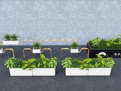 Modern White Flower Planters with Golden Metal Frames and Green Plants 3d model