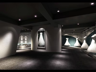 Elegant Bridal Shop Interior Featuring Hanging Wedding Dresses And Illuminated Showcases 3d model