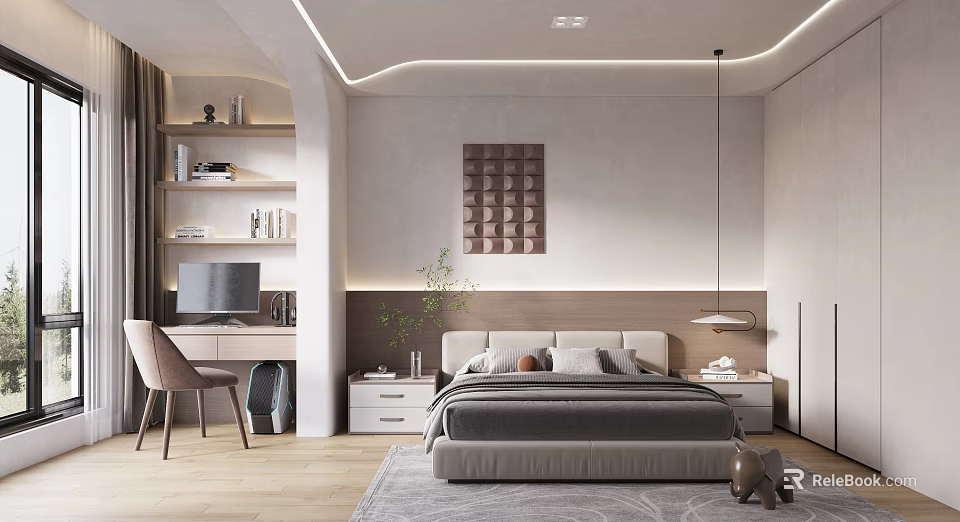 Modern Bedroom Interior With Bedside Tables Desk Decorative Painting And LED Strip Lights 3d model 
