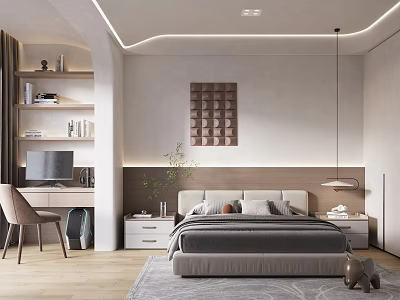 Modern Bedroom Interior With Bedside Tables Desk Decorative Painting And LED Strip Lights 3d model