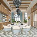 Elegant Luxury Restaurant Interior With Wooden Cabinets Chandeliers Dining Tables Chairs And Patterned Floor Tiles
