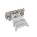 Modern Double Bed With Beige Striped Headboard Gold Nightstand White Quilt Pillows And Gray Blanket