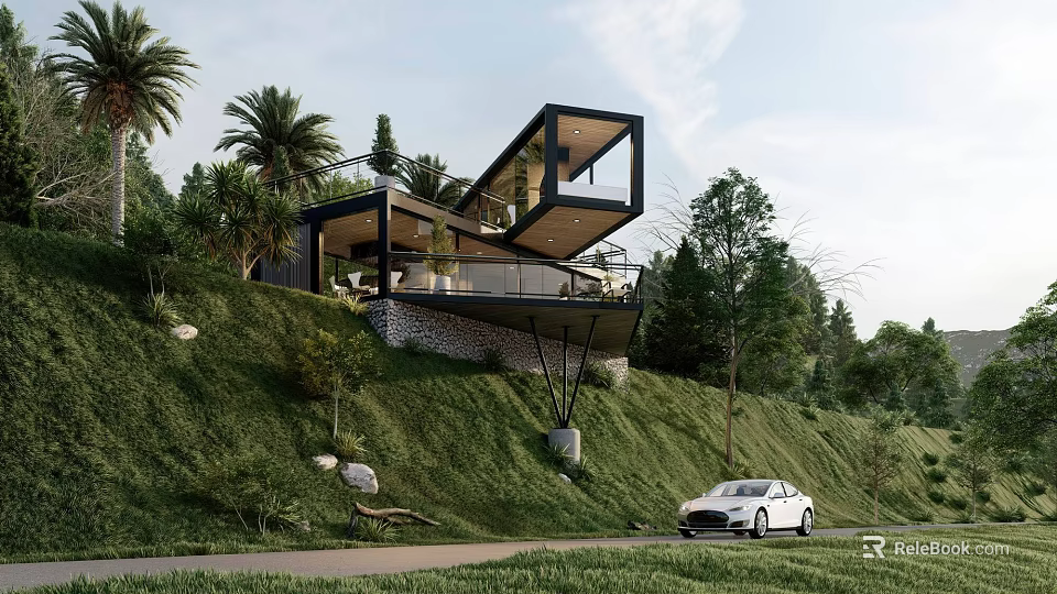Modern Hillside Detached Villa Featuring Large Windows Terrace and Lush Green Surroundings 3d model 