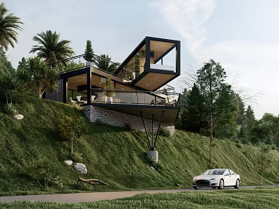 Modern Hillside Detached Villa Featuring Large Windows Terrace and Lush Green Surroundings 3d model