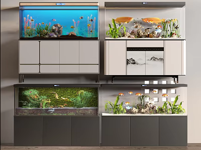 Multiple Decorative Aquariums with Colorful Fish Aquatic Plants and Storage Cabinets 3d model