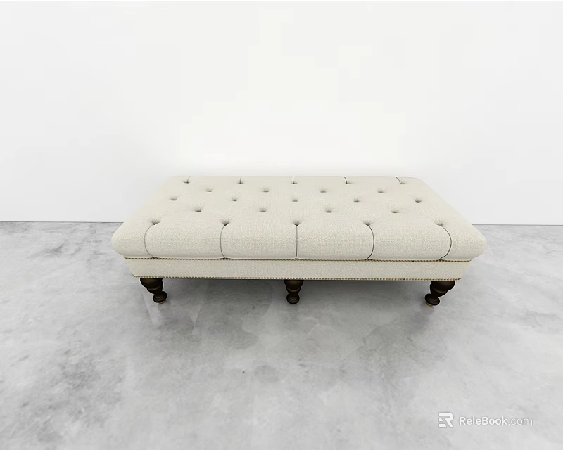Beige Tufted Ottoman Bench With Wooden Legs For Modern Living Room 3d model 