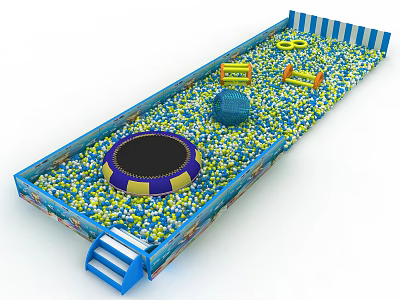 Colorful Indoor Playground Equipment With Trampoline Balls Yellow Obstacles And Blue Steps 3d model