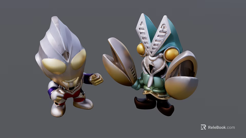 Chibi Ultraman and Monster Sculptures With Detailed Silver Blue Gold Designs 3d model 