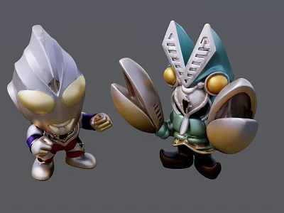 Chibi Ultraman and Monster Sculptures With Detailed Silver Blue Gold Designs 3d model