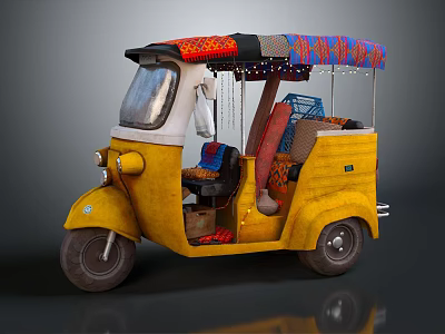 Yellow Traditional Three Wheeled Motorcycle With Colorful Canopy And Seats Details 3d model